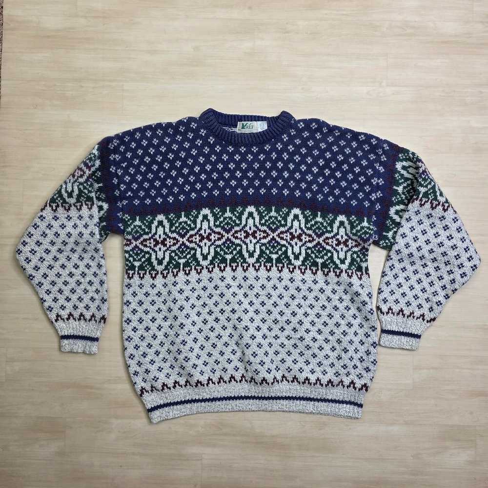 Vintage REI Fair Isle Sweater Mens XL Navy Blue Green Cotton Knit Made in USA